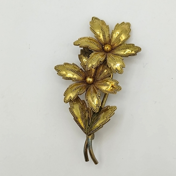 Flower Daisy Posy Bouquet Gold tone Milgrain Brooch Pin Vintage - Picture 15 of 15